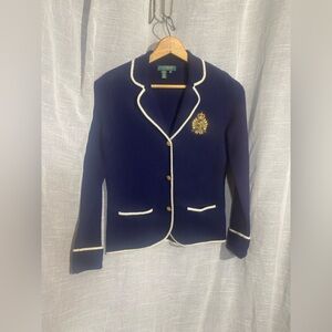 Ralph Lauren Blue and White wool Blazer with Gold Emblem